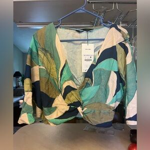 NWT ZARA LINEN BLEND SEMI CROP TOP